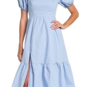 Astr the Label - Light Blue Midi Dress with Puff Sleeves: SIZE MEDIUM